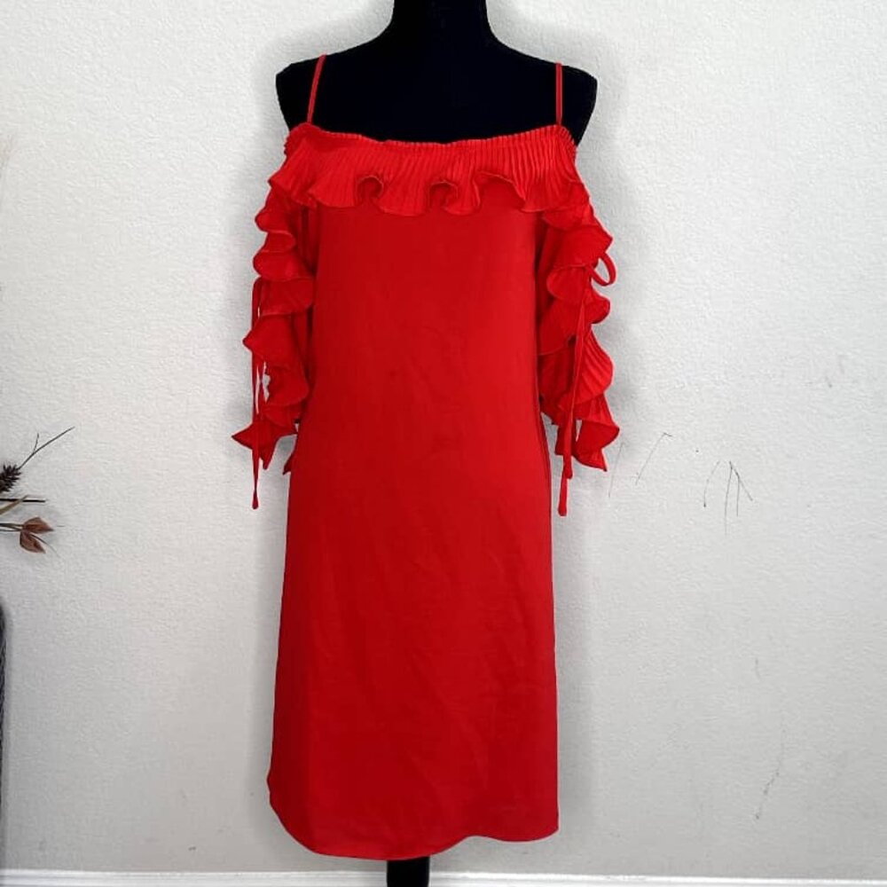 Red Floral-Sleeve Asymmetrical Gown